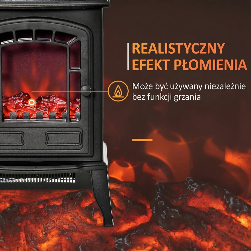 HOMCOM Elektryczny kominek z ogrzewaniem, efekt LED płomienia, 2000W, wolnostojący kominek z ochroną przed przegrzaniem, do salonu, sypialni, czarny