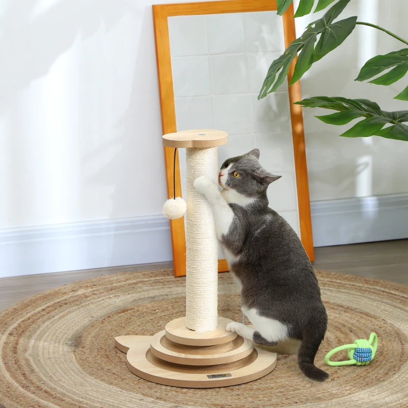 PawHut Cat Scratching Post, 49cm Cat Scratcher with Sisal Post, Interactive Track Ball Toy, Hanging Toy Ball, Feather, 4 in 1 Small Kitten Cat Scratch Post, Oak