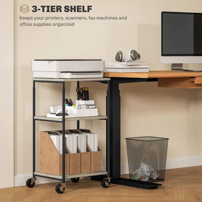 HOMCOM 3-Tier Printer Stand with Storage Shelf and Adjustable Height, Mobile Printer Table on Wheels, Rolling Printer Cart for Home Office, Graphite Wood Effect
