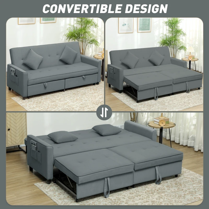 HOMCOM Sofa rozkładana 3-w-1, 3-osobowa kanapa 196x90 cm z funkcją spania, regulowane oparcie, narożnik z poduszkami, styl welur, do salonu, sypialni, szary