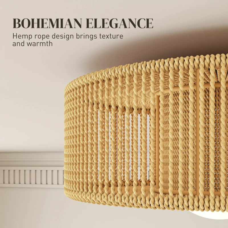 HOMCOM Lampa sufitowa, wisząca lampa boho z oprawką LED G9, okrągła lampa sufitowa z abażurem z liny konopnej, do salonu i sypialni, jasnobrązowa