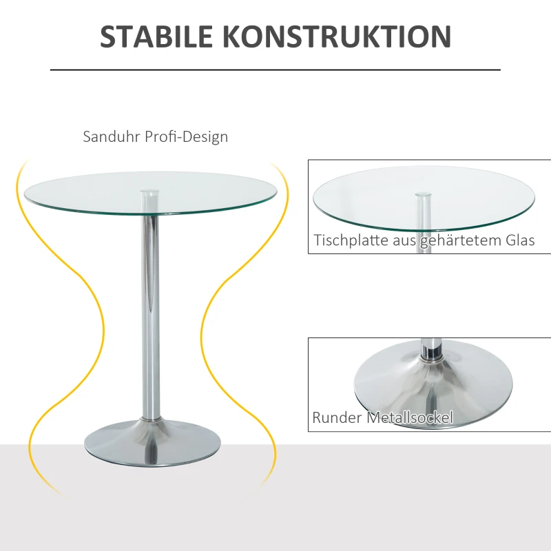 Stół HOMCOM, Okrągły stół kuchenny z blatem ze szkła, Nowoczesny stolik kawowy, stół barowy z metalową ramą, Stół jadalniany dla 2 osób, Ø70 x 74,5 cm, Przezroczysty