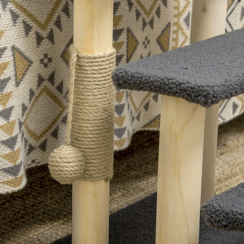 PawHut Drabinka dla kota 3-stopniowa, 48 cm drapak z drapakiem sześciennym, drabina dla psa z zabawką, schody na wyższe łóżka, drewno sosnowe, szary + naturalne