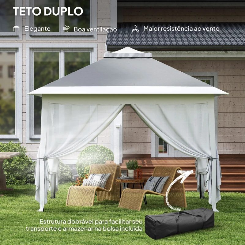 Outsunny Tenda Dobrável 3,3x3,3 m Pop-up Altura Ajustável Teto Duplo Mosquiteiras Removíveis e Bolsa de Transporte Anti-UV Cinzento