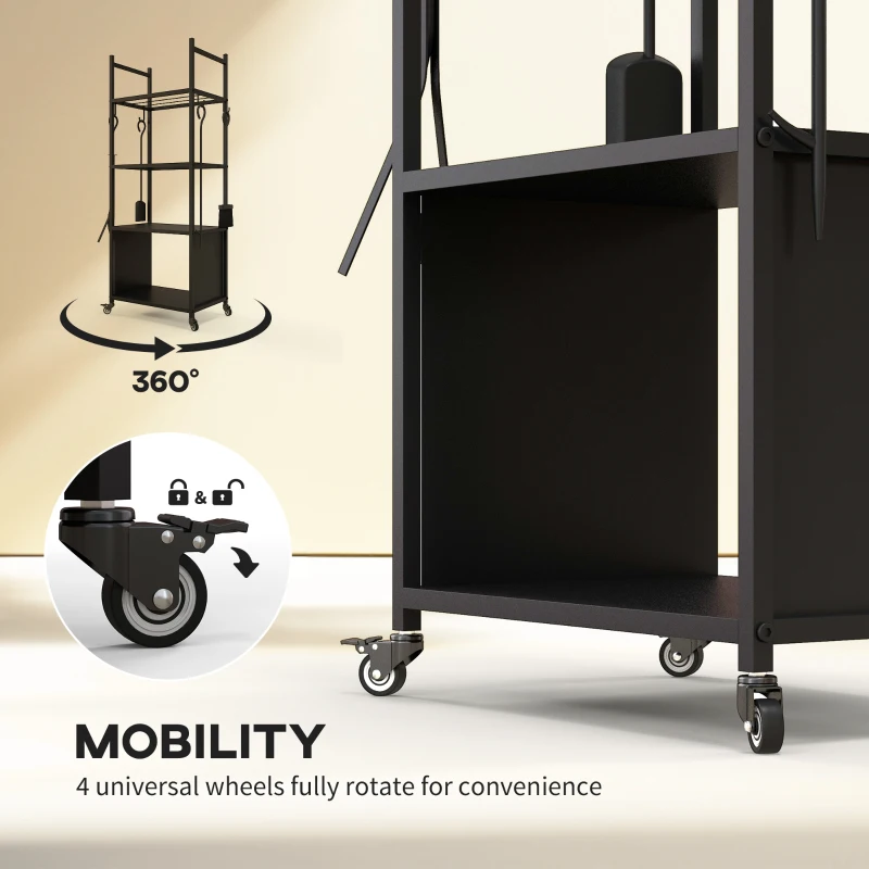 Outsunny Regał na Drewno Kominkowe 45 x 30 x 118 cm, Regał na Drewno z Kółkami, 4 Półki, do Użytku Zewnętrznego i Wewnętrznego, do 60 kg, Metal, Czarny