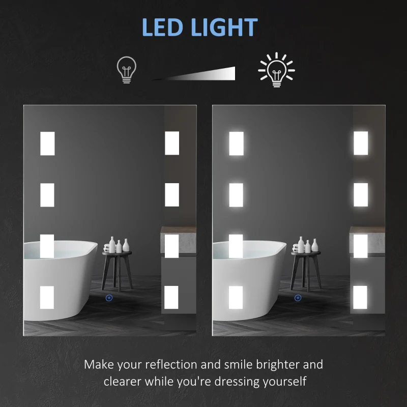 kleankin Badspiegel Badezimmerspiegel LED Spiegel mit Anti-Beschlag Wandspiegel mit Touch-Schalter, Beleuchtung Silber 70 x 50 x 2,7 cm