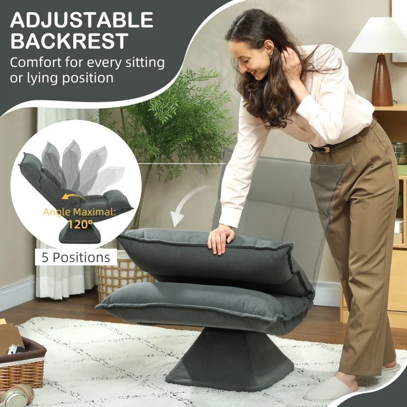 HOMCOM Krzesło podłogowe obrotowe 360° z 5-stopniową regulacją oparcia, składana sofa medytacyjna, tapicerowane leniwe sofa do salonu, gier i czytania, ciemnoszare