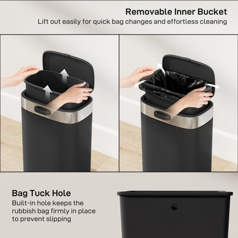 Kosz na śmieci HOMCOM ze stali nierdzewnej z ręcznym otwieraniem i pozostającą otwartą pokrywą 5L, do szafki kuchennej pod zlewem, sypialni, biura, czarny