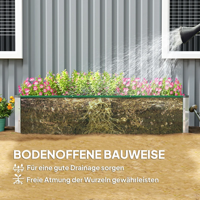 Outsunny Podwyższony ogródek ze stali z doniczką na kwiaty i rękawiczkami, zielony, 183 x 47 x 40 cm