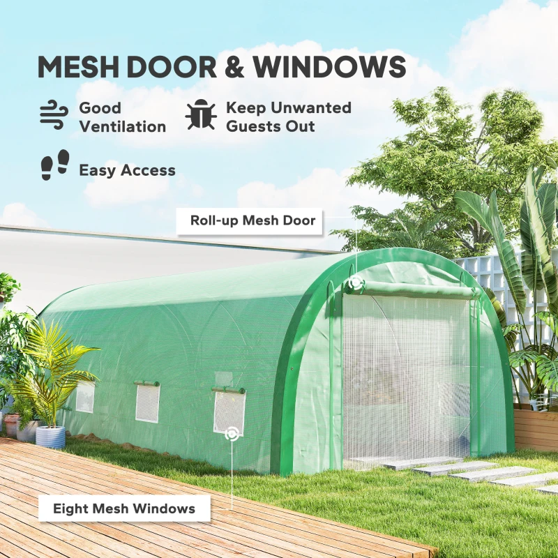 Outsunny 6 x 3(m) Polytunnel Greenhouse with Upgraded Structure, Mesh Door and Windows, 15 Plant Labels, Green
