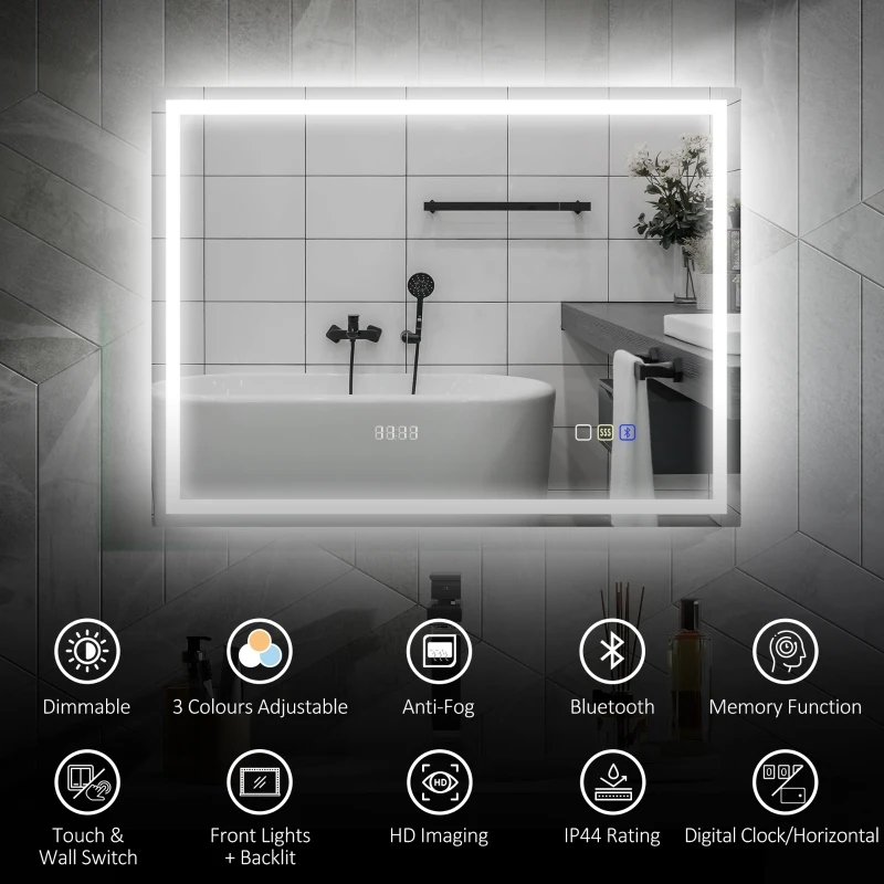 HOMCOM 600 x 800 mm Bluetooth Bathroom Mirror with LED Lights, Illuminated Backlit Wall Mounted Vanity Mirror with 3 Colours Dimmable, Clock, Demister Pad, Memory Function, Touch Sensor, IP44