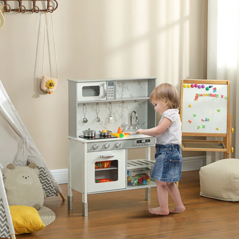 AIYAPLAY Kids Kitchen Playset with Electric Stove, 6 Cuttable Food Set, Microwave, Adjustable Height Kitchen for Kids with Storage, White