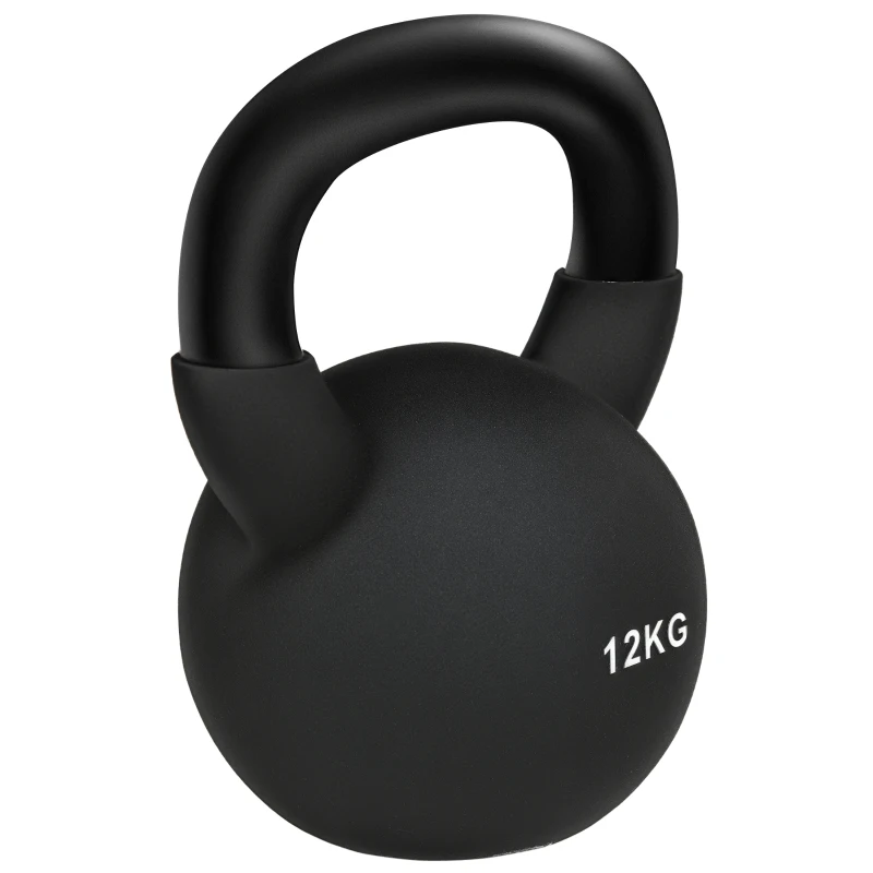 HOMCOM Kettlebell 12 KG z żeliwa z powłoką neoprenową, Hantla do treningu siłowego, kondycyjnego i Rdzenia, Z osłoną chroniącą podłogę, Czarna