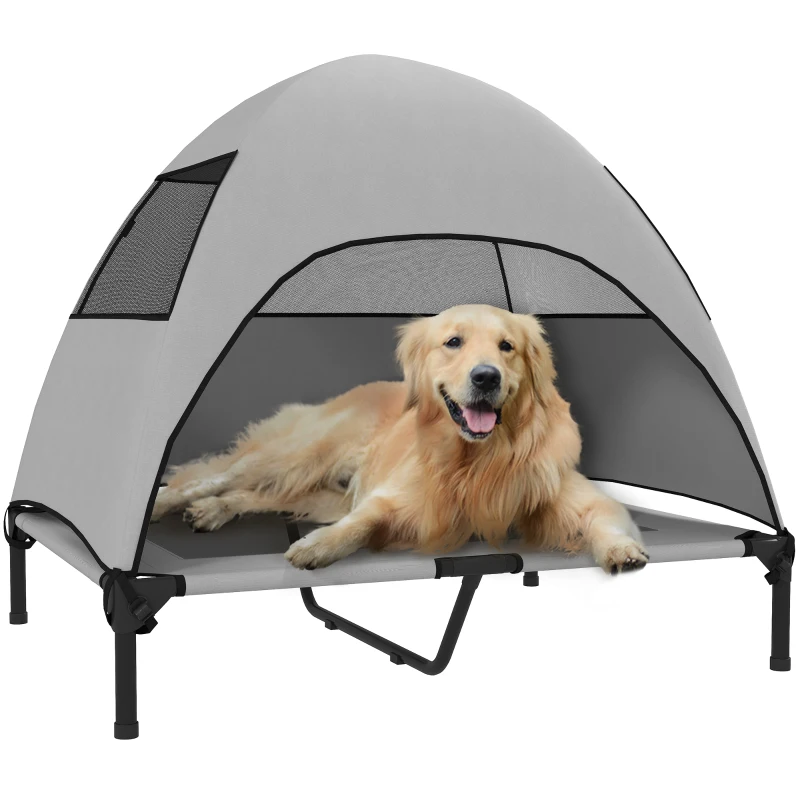 PawHut Elevated Dog Bed with Removable Canopy, Pet Bed with Storage Bag for Indoor Outdoor, for Medium Large Dogs, 91 x 76 x 90 cm, Light Grey