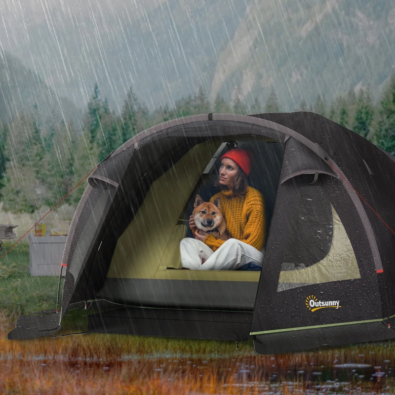 Outsunny Camping Tent for 2 Person, 3000mm Waterproof UPF50+ Family Tent with 2 Rooms, Sewn-in Groundsheet and Hook, Portable and Lightweight with Carry Bag for Fishing Hiking Festival, Black