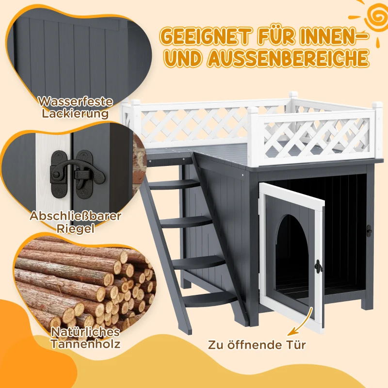 PawHut Wooden Cat House, Two-Floor Cat Shelter with Balcony, Stairs, Indoor Outdoor Small Pet Condo for Rabbits, Cats, Grey