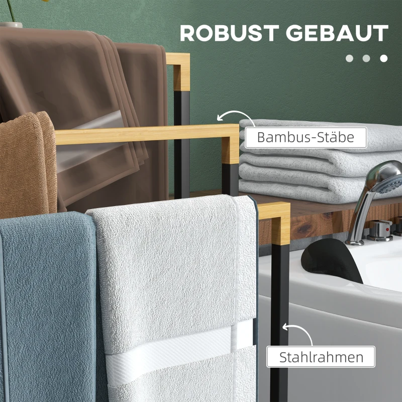kleankin Wolnostojący Wieszak na Ręczniki, Stojak na 3 Ręczniki, Wieszak kąpielowy z Bambusa i Stali, Czarny