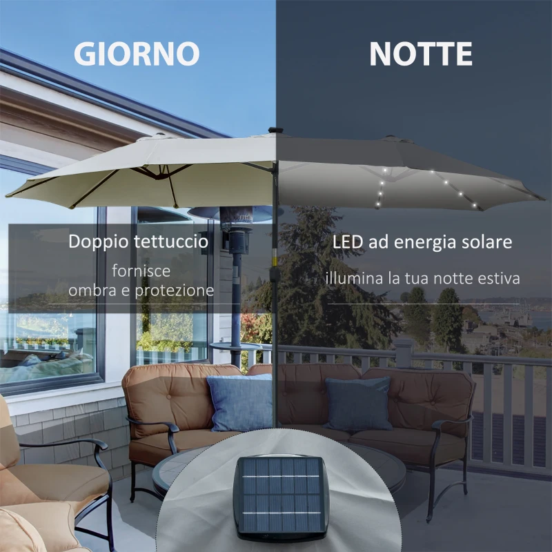 Outsunny Ombrellone Doppio da Giardino 4.5x2.65 m con 48 Luci LED Solari Manovella, Ombrellone da Giardino a 12 Stecche in Acciaio e Poliestere, per Cortile, Terrazza e Balcone, Grigio chiaro