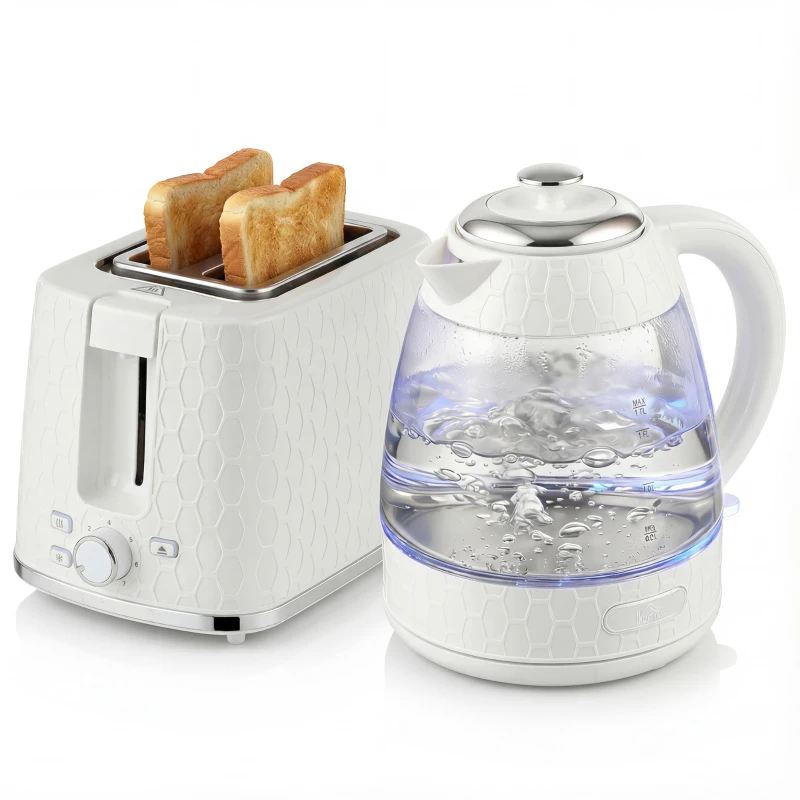 HOMCOM Kettle and Toaster Set, 1.7L 3000W Rapid Kettle with Limescale Filter, 2 Slice Toaster with 7 Browning Controls, Cream
