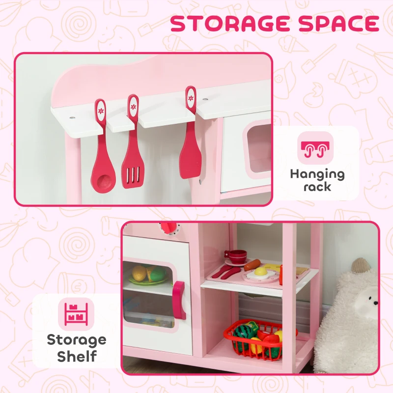 AIYAPLAY Kuchnia dla dzieci, Zestaw kuchenny z piekarnikiem, kuchenką, zlewem i akcesoriami kuchennymi, Zestaw do zabawy w role dla dzieci 3+, Różowy