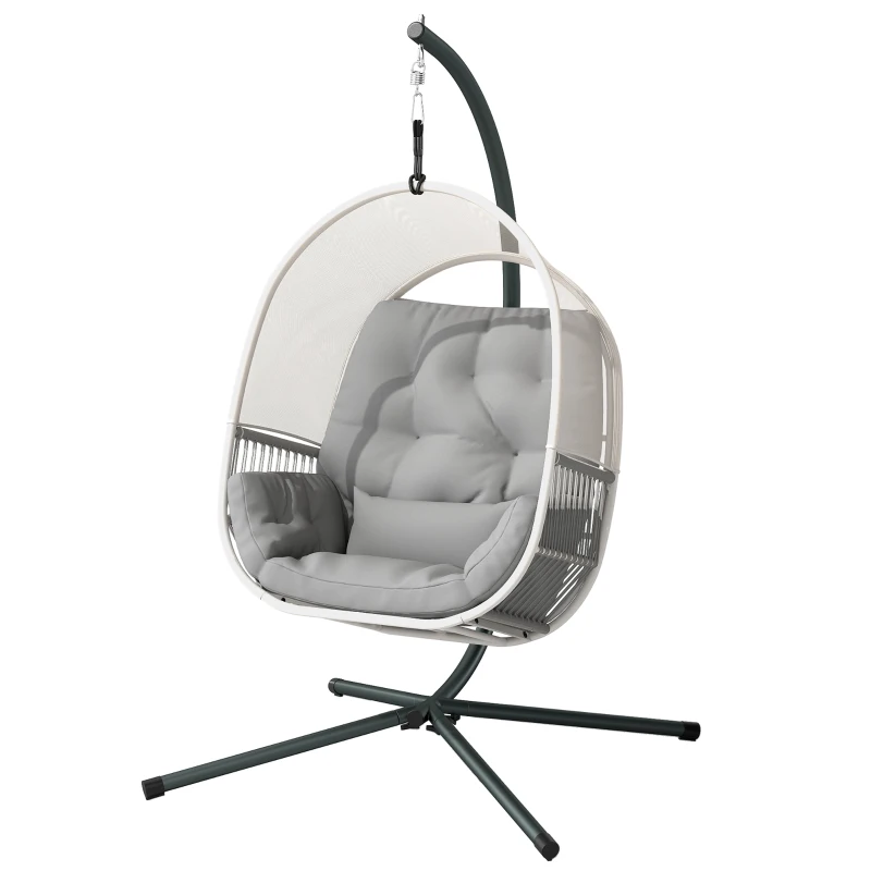 Outsunny Hanging Egg Chair Outdoor Indoor, Swing Hammock Chair with Stand, Cushions, Lumbar Pillow, Adjustable Height and Steel Frame for Garden Patio Lounge Porch, Light Grey