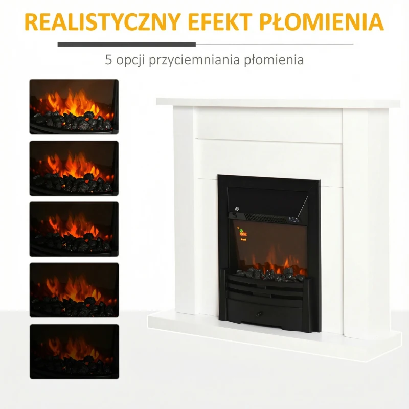 HOMCOM Elektryczny kominek stojący z ogrzewaniem, efekt płomienia LED 3D, funkcja adaptacyjnego startu, 2000W, 2 poziomy mocy, pilot, timer, ochrona przed przegrzaniem, termostat, biały