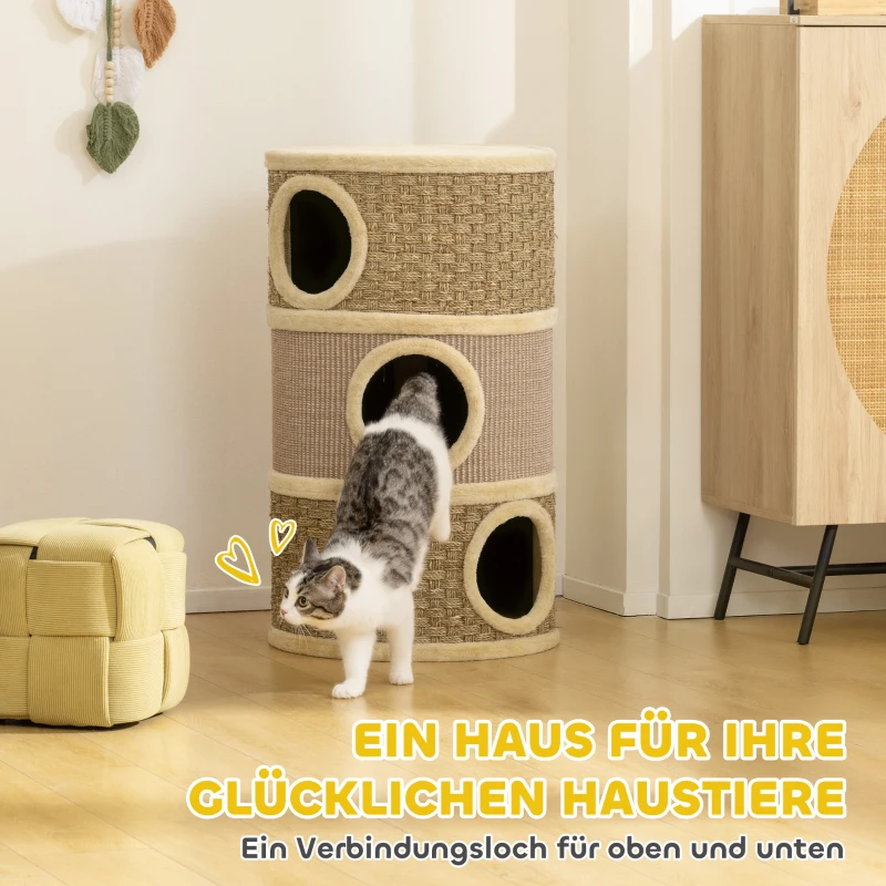 PawHut kattenkrabpaal Kattenton voor katten 3 niveaus Krabpaal klimboom Kattenmeubel met sisal pluche 37,5 x 37,5 x 70 cm