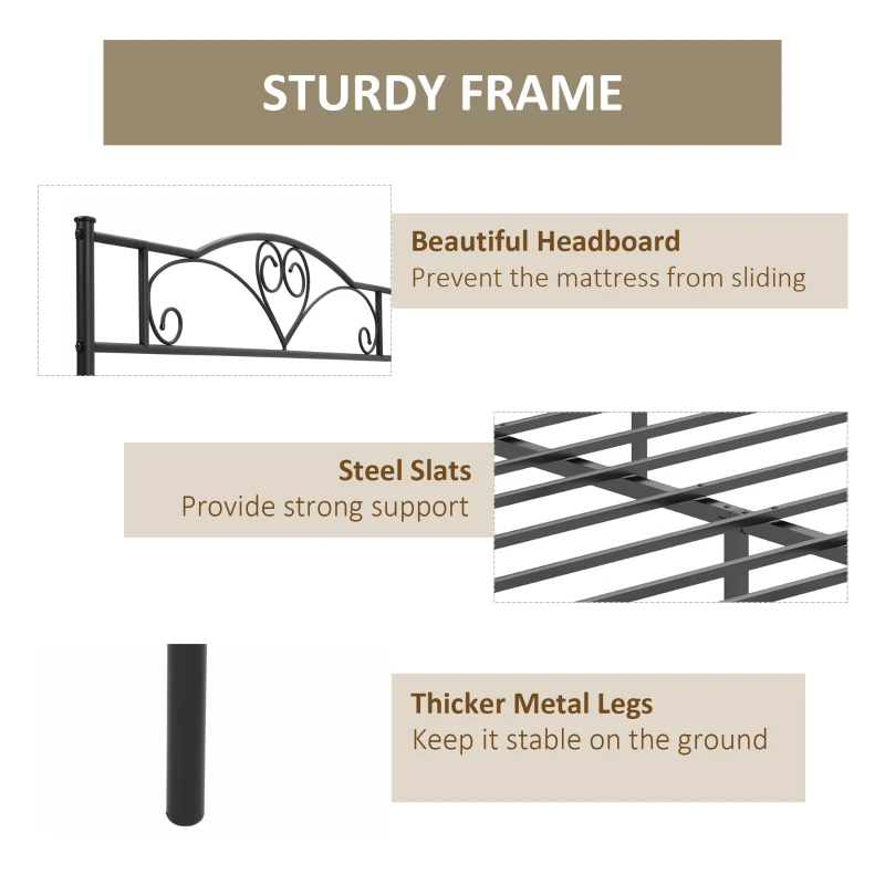 HOMCOM Łóżko 140 x 200 cm Stal z Listwami, Rama Łóżka z Przestrzenią Pod Łóżkiem, Zagłówek i Stopka, Podwójne Łóżko, Rama Łóżka, 31 cm Wysokość, Łatwy Montaż, Czarny