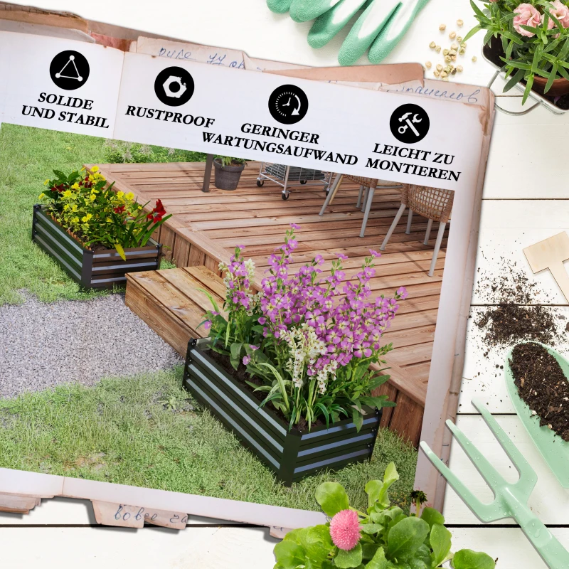 Outsunny Zestaw 2 Wysokich Grządek, Kwietnik, Skrzynka na Kwiaty, Donica odporna na rdzę, Donica na Balkon, Taras, Ocynkowana Stal, Ciemnoszary, 100 x 60 x 30 cm