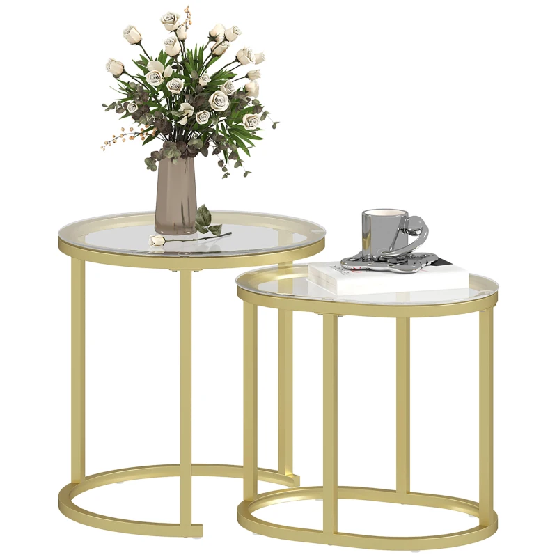 HOMCOM Zestaw 2 stolików kawowych Okrągły stolik kawowy Stackowalny marmurowy wygląd Regulowane nóżki Elegancki design Stal Czarny Ø50 x 50.5H cm