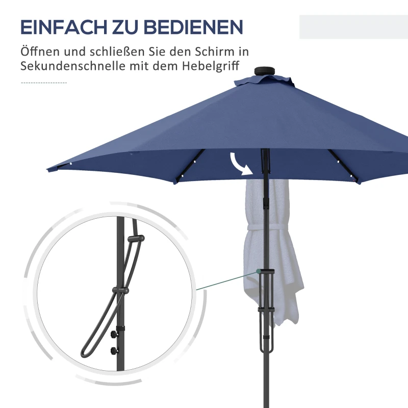 Parasol marki Outsunny, Ø290 cm, parasol ogrodowy z ochroną UV, lampki LED z krzyżakiem, parasol tarasowy z pokrowcem, do ogrodu, stal, Granatowy