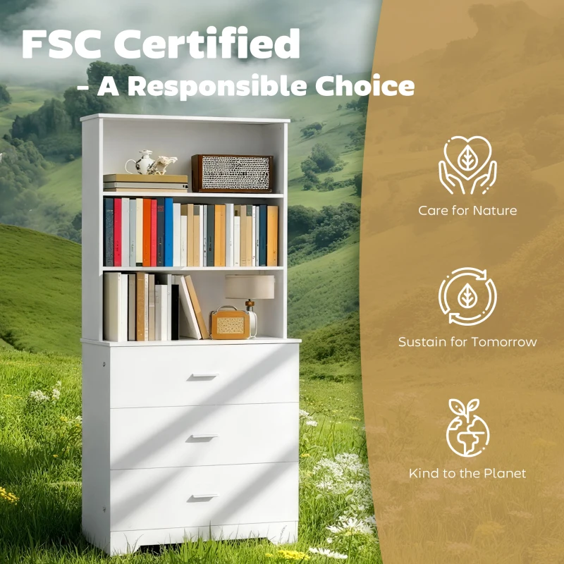 HOMCOM Regał na książki 180 cm Wysoki szafka witryna z 3 szufladami, 3 otwartymi półkami Szafka kuchenna do salonu kuchni Biała