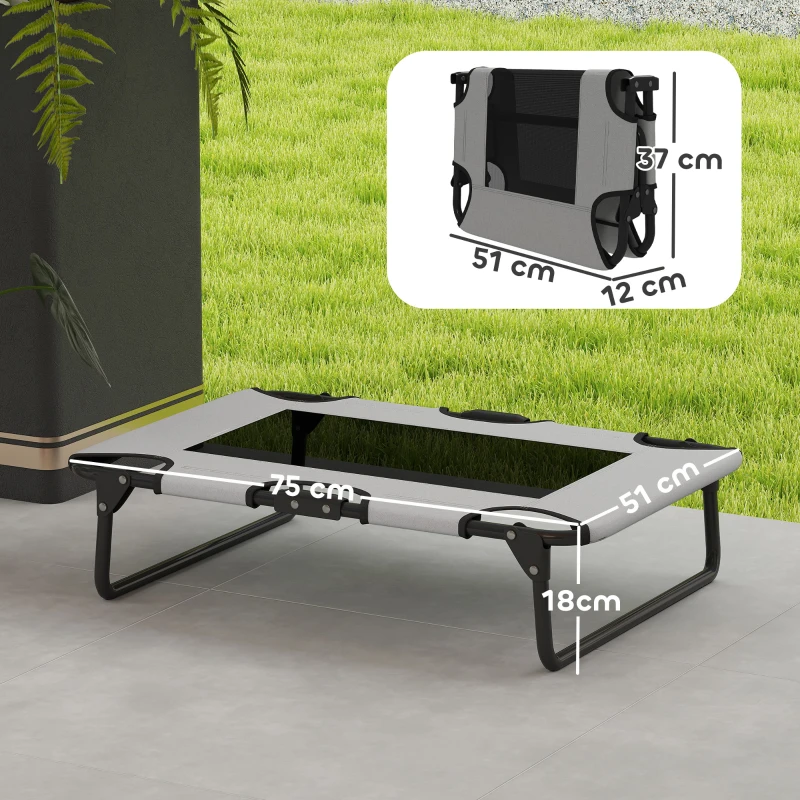 PawHut Raised Dog Bed, Portable Elevated Pet Cot with Breathable Mesh for Indoor Outdoor, for Small Medium Dogs, 75 x 51 x 18 cm, Light Grey