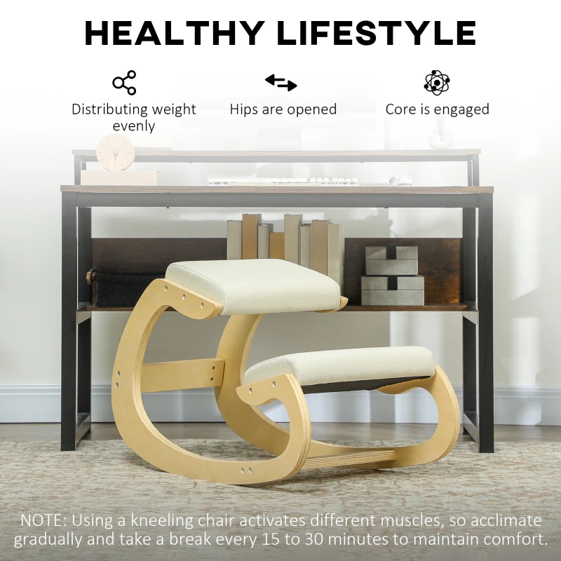 HOMCOM Ergonomic Kneeling Chair, Rocking Wood Kneel Stool, Desk Chair for Home Office, Improve Posture, Back Pain, Cream White
