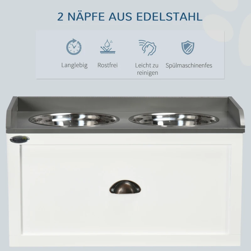 Miska dla psa PawHut z szufladą, 2 x 2L miska na żywność, miska na żywność, miska ze stali nierdzewnej, stacja karmienia dla psów i kotów, biała