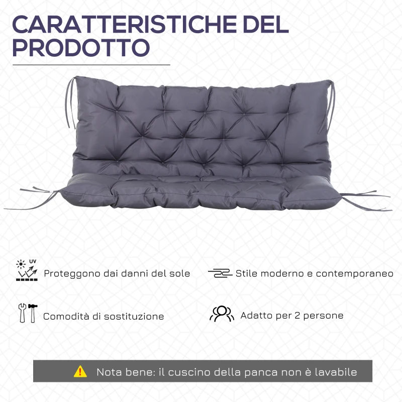 Outsunny Cuscino da Giardino 2 Posti per Sedute da Esterno con Schienale e 6 Lacci, Cuscino da Esterno Imbottito in Cotone e Poliestere, per Divani Dondoli Panche, 132x110x10 cm, Grigio Scuro