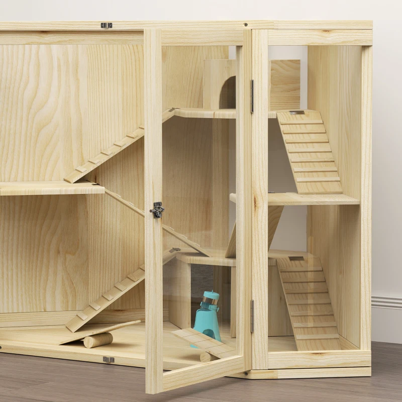 PawHut Wooden Hamster Cage, 4 Tier Mouse Cage with Feeder, Seesaw, Ramp, Huts, for Dwarf, Syrian Hamster, Gerbils, 115 x 69.5 x 79cm