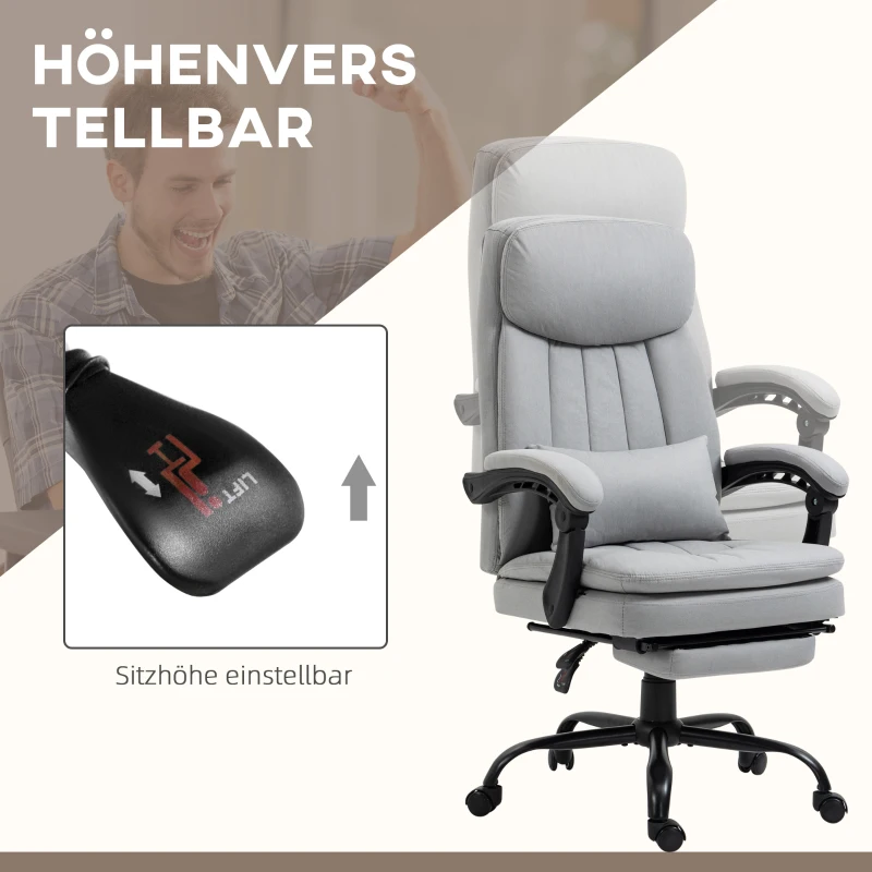 Vinsetto Fotel Biurowy z Funkcją Masażu, Ergonomiczny Fotel z Oparciem, Masaż Wibracyjny, Regulowana Wysokość, Komputerowy Fotel z Poduszką Lędźwiową, Podnóżkiem, Obrotowy, Szary