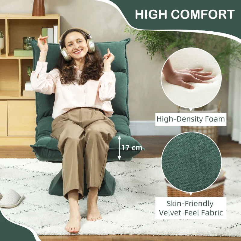 HOMCOM Krzesło Podłogowe Obrotowe 360° z 5-stopniową Regulacją Oparcia, Składane Sofa Podłogowa Medytacyjna, Wyściełane Leniwe Sofa do Salonu, Gry i Czytania, Zielone