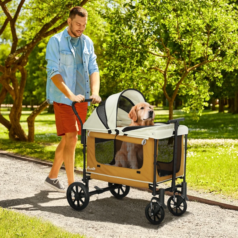 PawHut Dog Stroller, Puppy Buggy Cargo Trailer with Removable Adjustable Canopy, Storage Bag, Washable Cushion, Safety Leashes, Folding Pet Stroller for Large Dogs, Brown