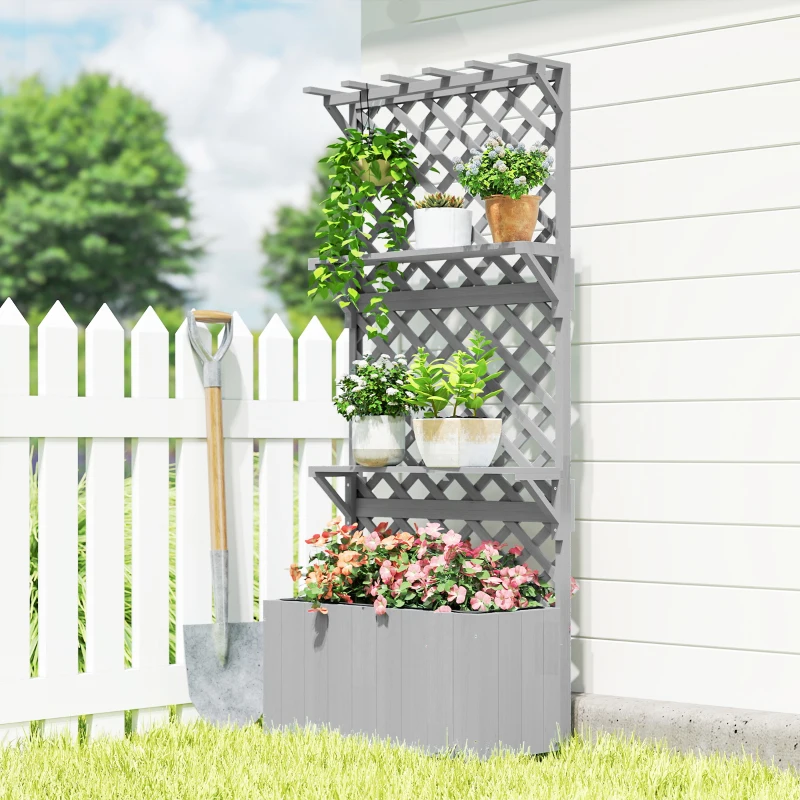 Outsunny 52L Wooden Planter, with Trellis and Shelves - Grey