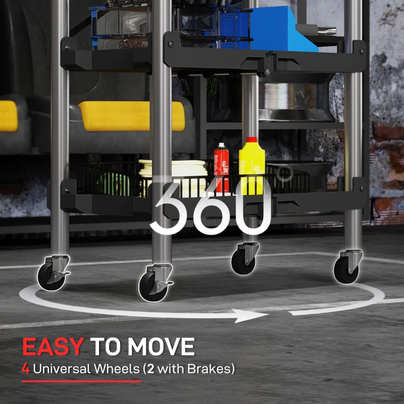 HOMCOM Wózek warsztatowy z 3 półkami, Składany wózek narzędziowy z uchwytem, Wózek montażowy dla magazynu, garażu, do 68 kg, Czarny