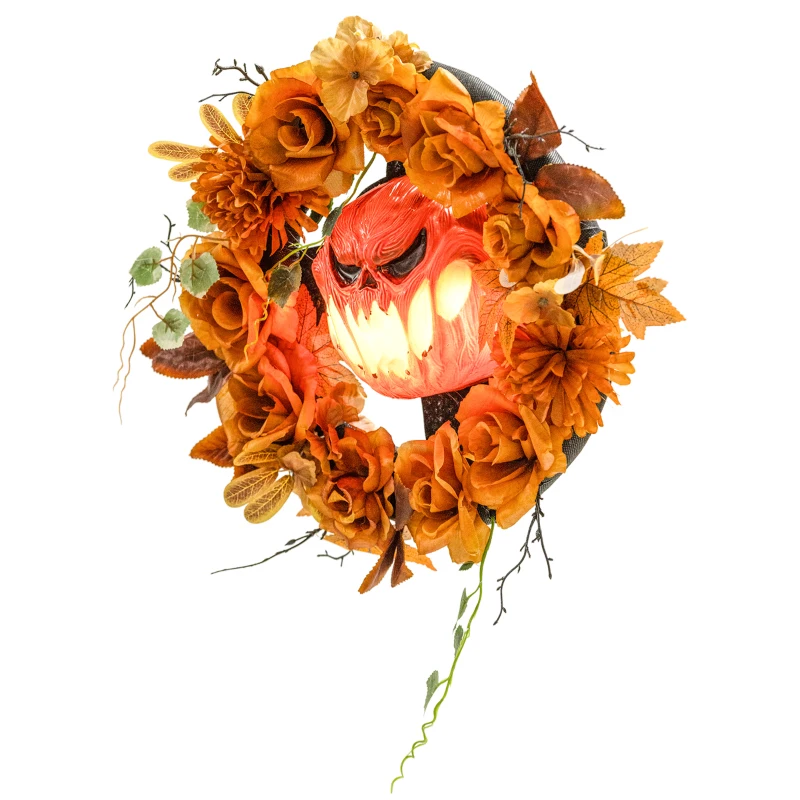 Dekoracja Outsunny na Halloween – Wiszący Wieniec z Dynią z 44 LED-ami o Efekcie Płomienia, Dekoracja Drzwi Wejściowych z Upiorczą Twarzą Dyni i Kwiatami, Dekoracja Ogrodowa na Imprezę
