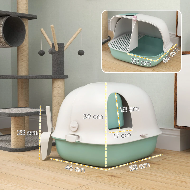 PawHut Cat Litter Box with Lid, Cat Litter Tray with Internal Channel, Door, Front Opening, Scoop, Easy Clean Hooded Cat Litter Box, Green