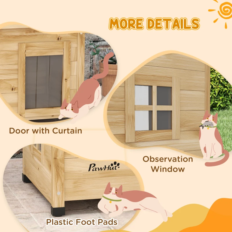 PawHut Drewniany domek dla kota na zewnątrz z zasłoną na drzwiach, Domek dla małych zwierząt z podwyższonym designem, do ogrodu, balkonu, żółty, 57 x 45 x 43 cm
