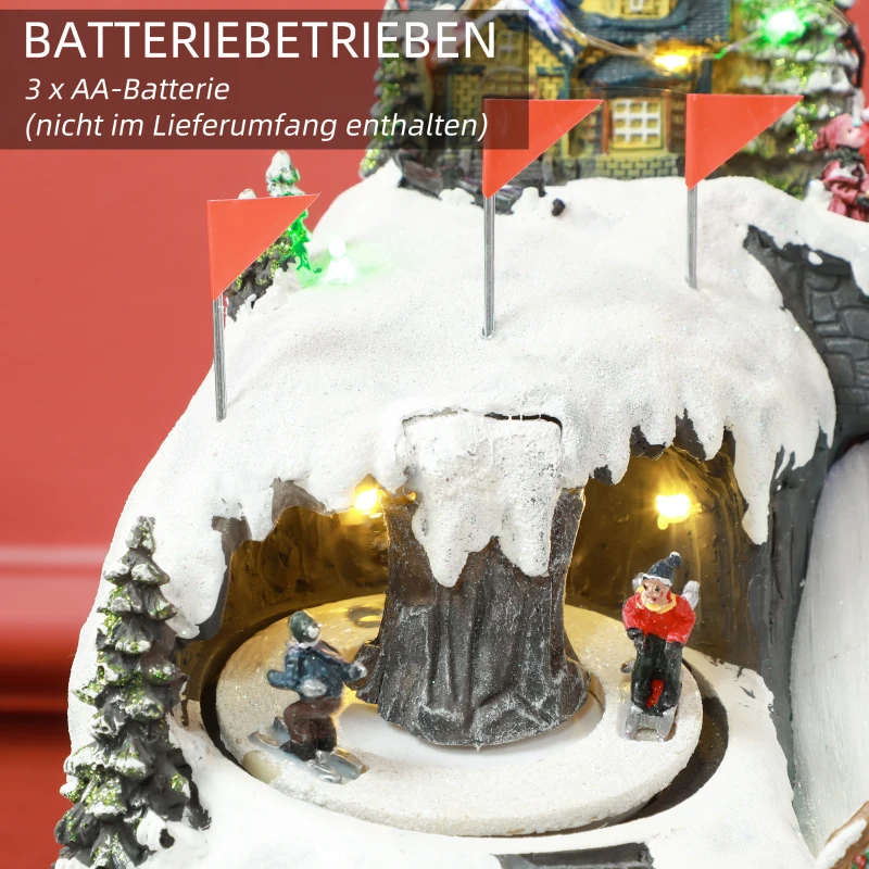 HOMCOM Animated Christmas Village with LED Lights and Music, Rotating Ice Skaters and Moving Train, Resin Tabletop Decoration, Multicolour