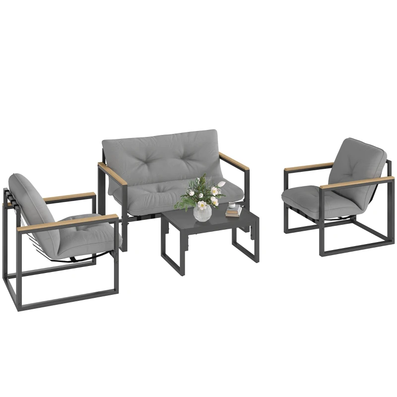 Outsunny Garden Furniture Set, 4 Piece Indoor Outdoor Conservatory with Loveseat Sofa, Armchairs, Metal Top Coffee Table, Cushions for Balcony, Poolside, Patio, Light Grey