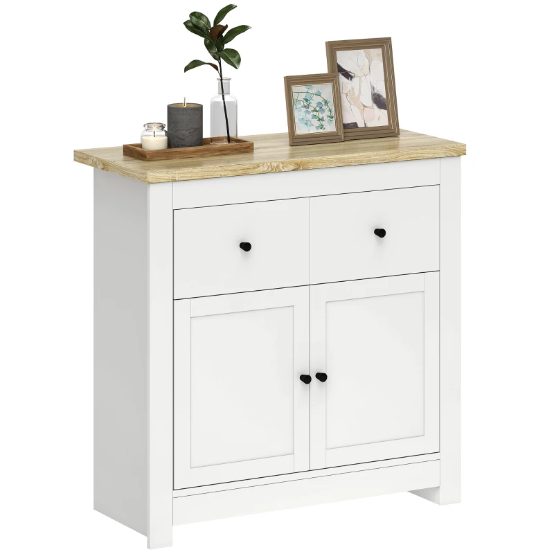 HOMCOM Sideboard Storage Cabinet with Soft Close Doors and Thick Oak Top, Modern Storage Cupboard with 2 Drawer and Adjustable Shelf, White