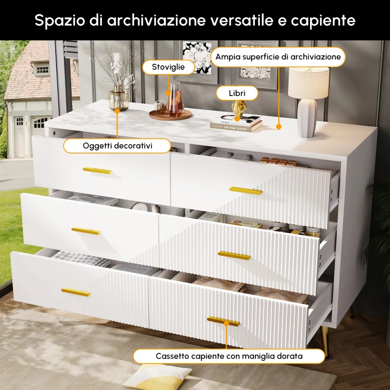 Credenza da cucina con 6 cassetti, ante tridimensionali e gambe dorate, 120x40x75 cm, Bianco