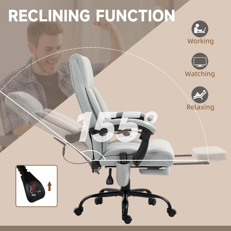Vinsetto Fotel Biurowy z Funkcją Masażu, Ergonomiczne Krzesło Biurkowe z Funkcją Leżenia, Ogrzewanie Lędźwiowe, Regulowana Wysokość Komputerowego Krzesła z Podnóżkiem, Obrotowe, Szary